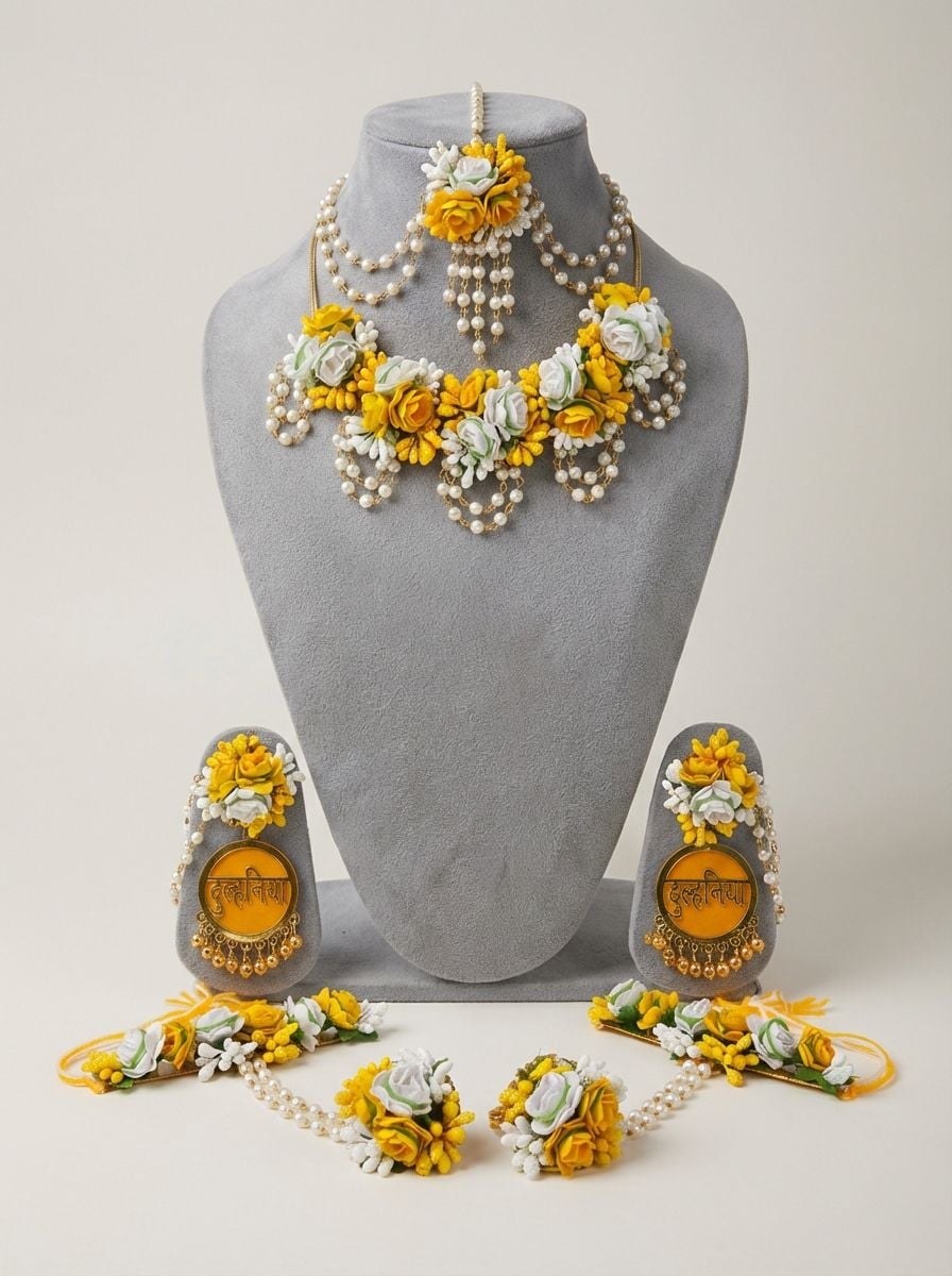 Elegant Yellow Floral Bridal Jewellery Set for Haldi and Mehendi