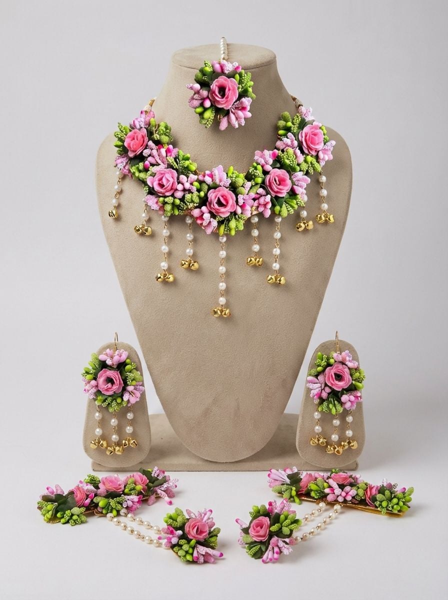 Handcrafted Pink Floral Jewellery Set for Haldi, Mehendi and Bridal Wear