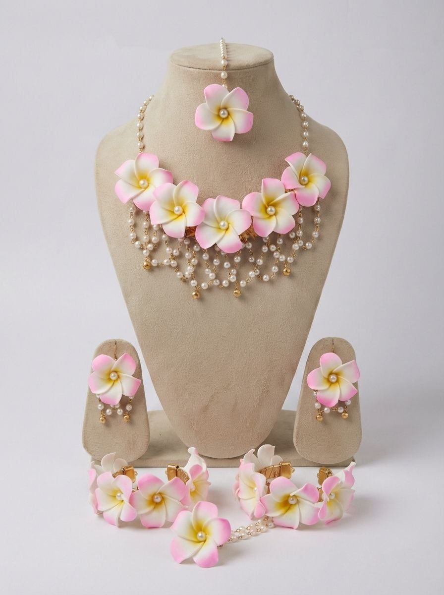 Handmade Pink Plumeria Floral Haldi Jewellery Set for Brides
