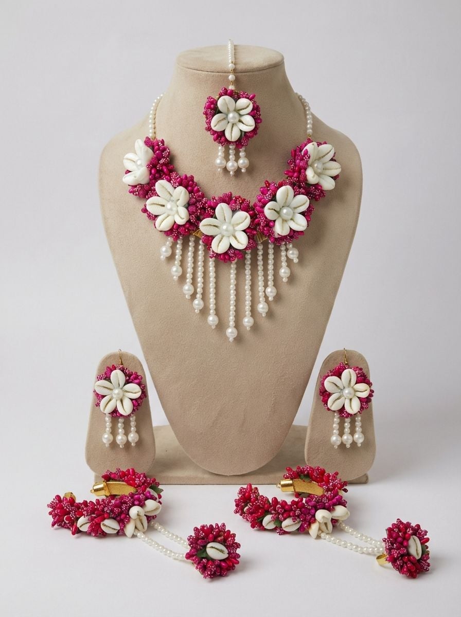Handmade Magenta Floral Cowrie Shell Haldi Jewellery Set for Brides