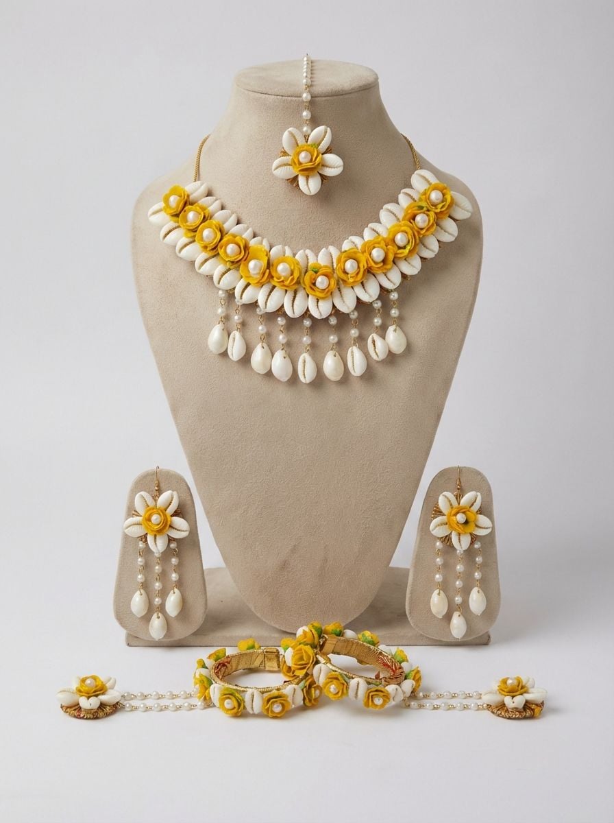 Handmade Yellow Floral Cowrie Shell Haldi Jewellery Set for Brides