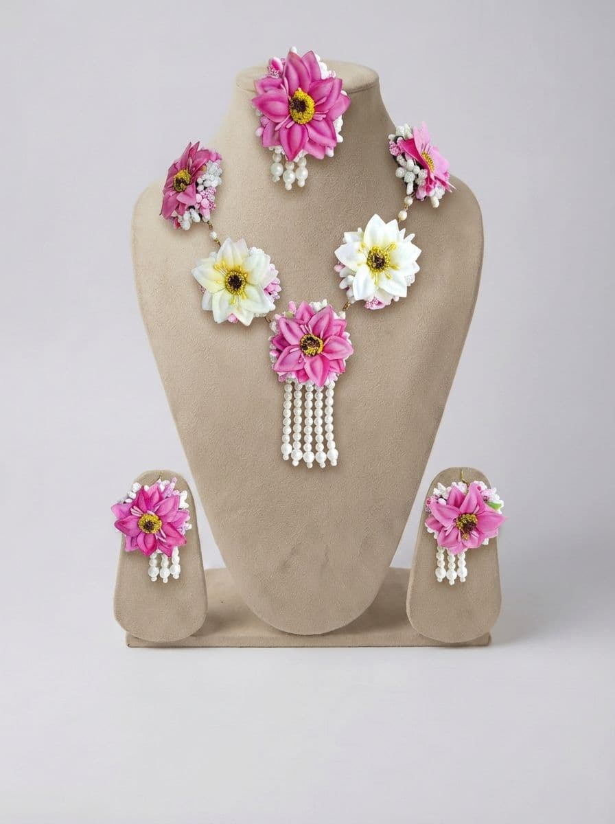 Pink-White Artifiial Floral Haldi-Mehndi Bridal Jewellery Set