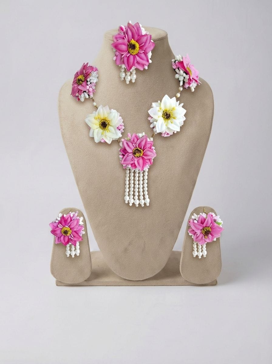 Pink-White Artifiial Floral Haldi-Mehndi Bridal Jewellery Set