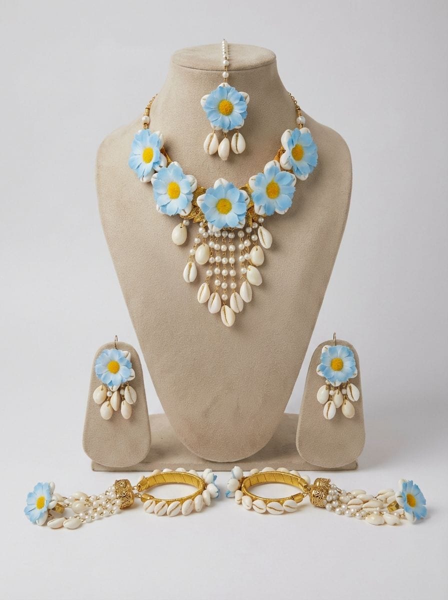 Ethnic Sky-Blue Cowrie Shell Bridal Jewelry Set for Haldi, Mehndi