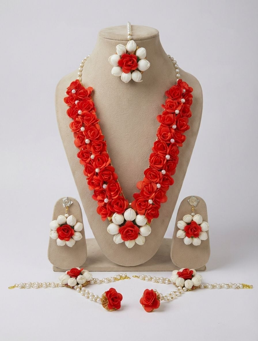 Handmade Red Flower Haldi Bridal Jewellery Set for Women