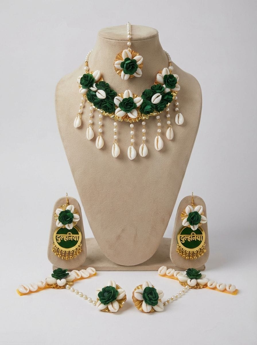 Ethnic Flower Splendor: Green Bridal Jewellery Set Ideal for Haldi and Wedding