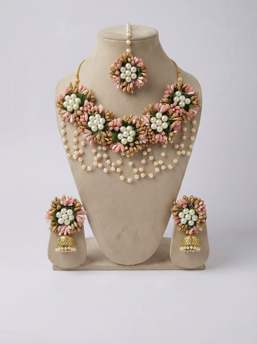 Pastel Pink Floral Haldi Jewellery Set with Earrings, Tikka and Bracelet