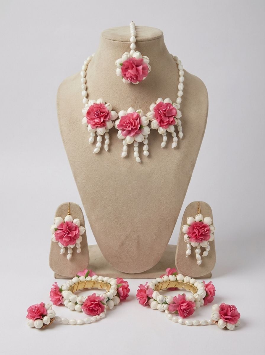 Pink Floral Haldi Jewellery Set for Women with Earrings, Tikka and Hathphool