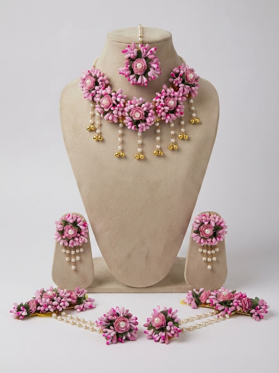 Baby Pink Floral Bridal Jewellery Set for Haldi, Mehndi, Baby Shower