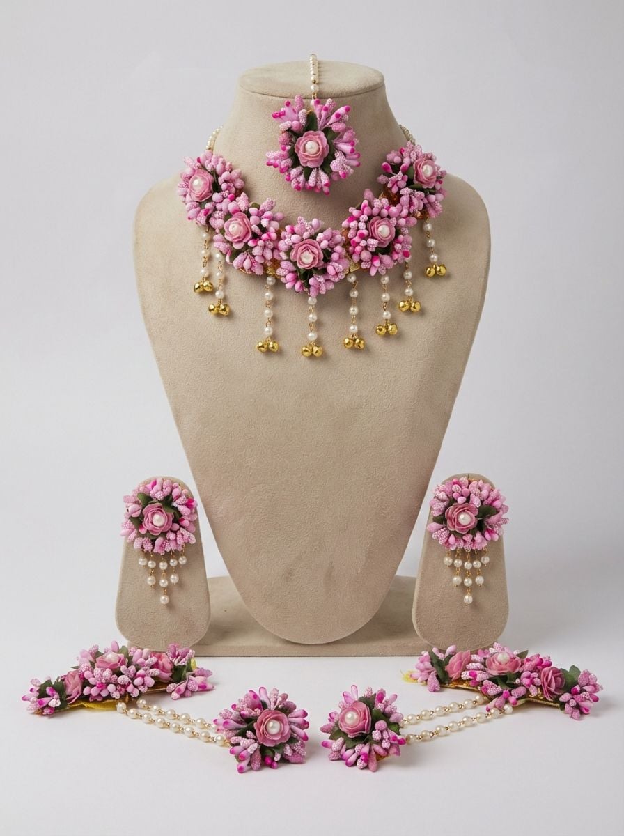 Pink Floral Haldi Jewellery Set for Women with Tikka and Hathphool