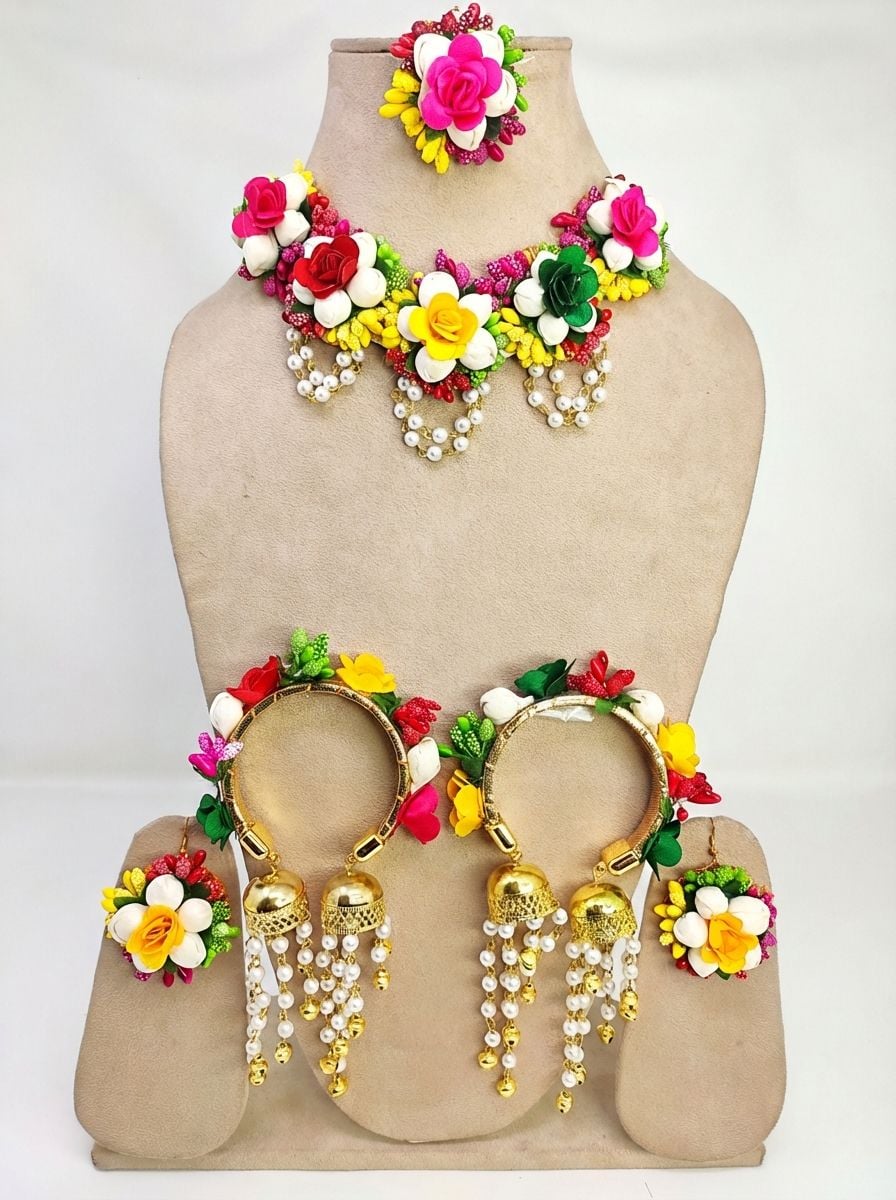 Multicolour Floral Bridal Haldi Jewellery Set for Women with Tikka and Earrings