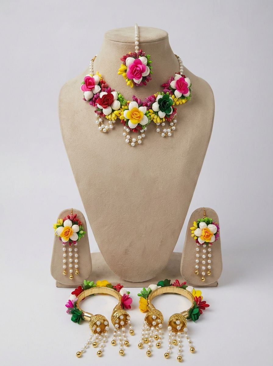 Multicolour Floral Bridal Haldi Jewellery Set for Women with Tikka and Earrings