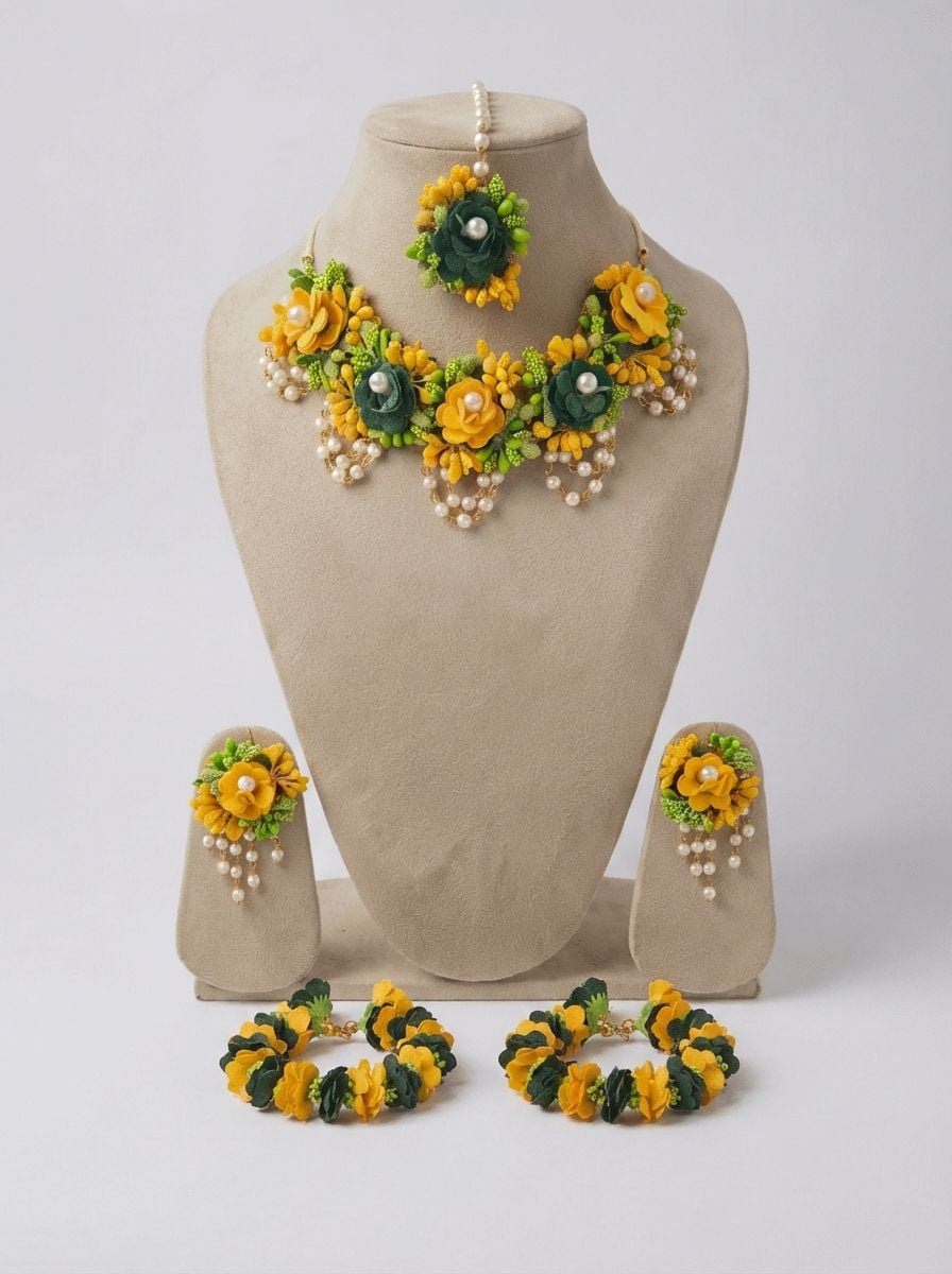 Yellow and Green Floral Haldi Jewellery Set for Women with Necklace and Earrings