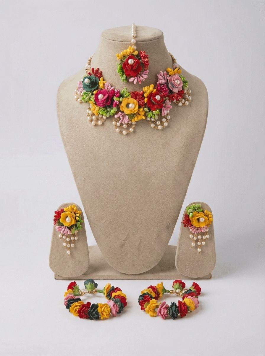 Multicolour Floral Haldi Jewellery Set for Women with Necklace, Tikka and Earrings