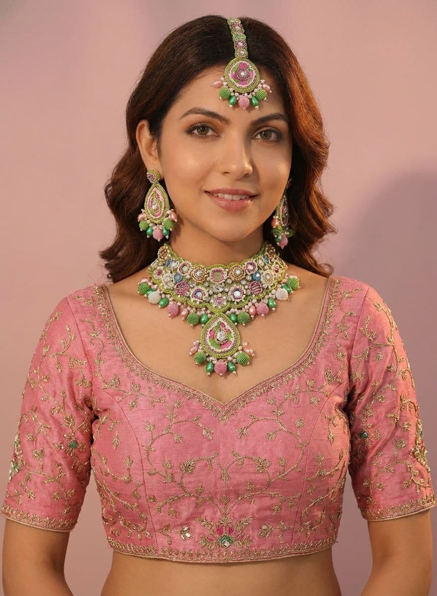 Pink Floral handmade Jewellery Set for Haldi & mehndi