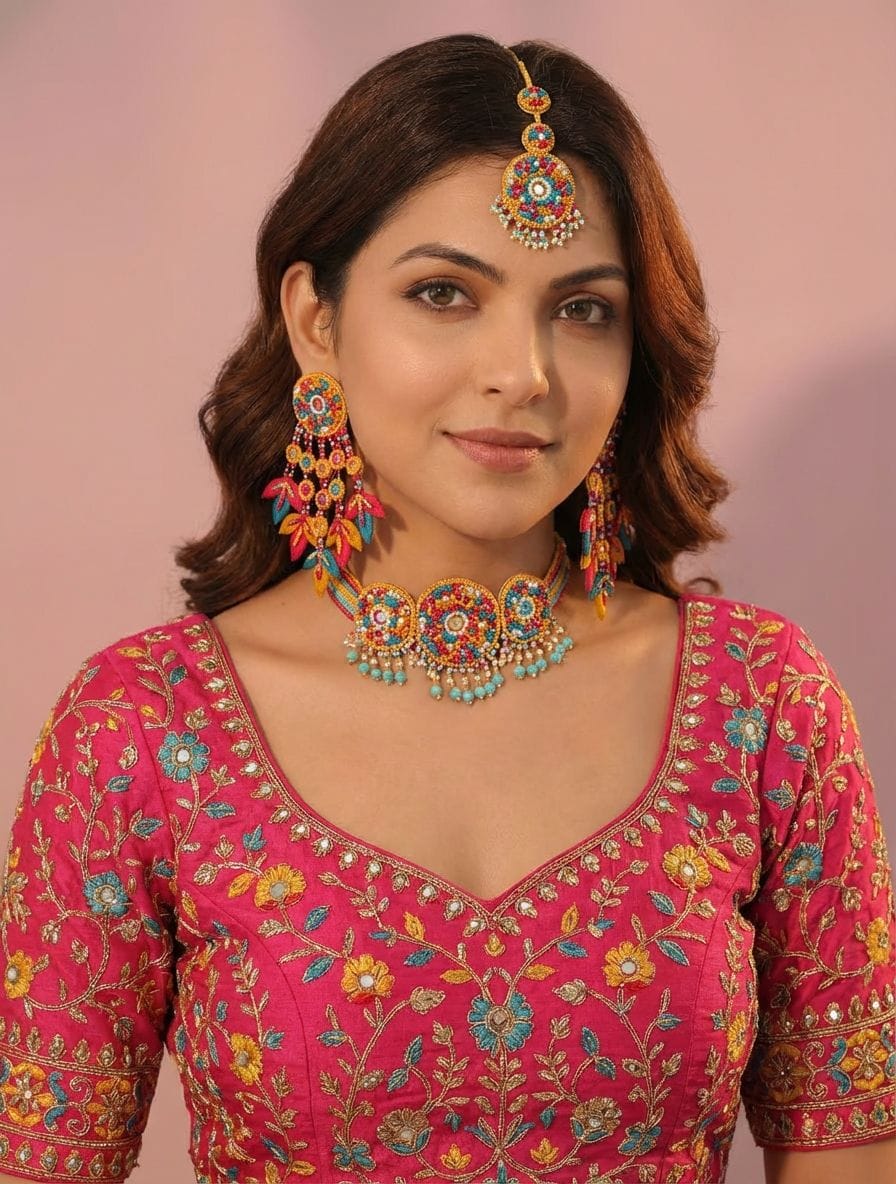 Multicolor Floral Beaded Festivity Jewelry Set, Handmade for Women and Girls