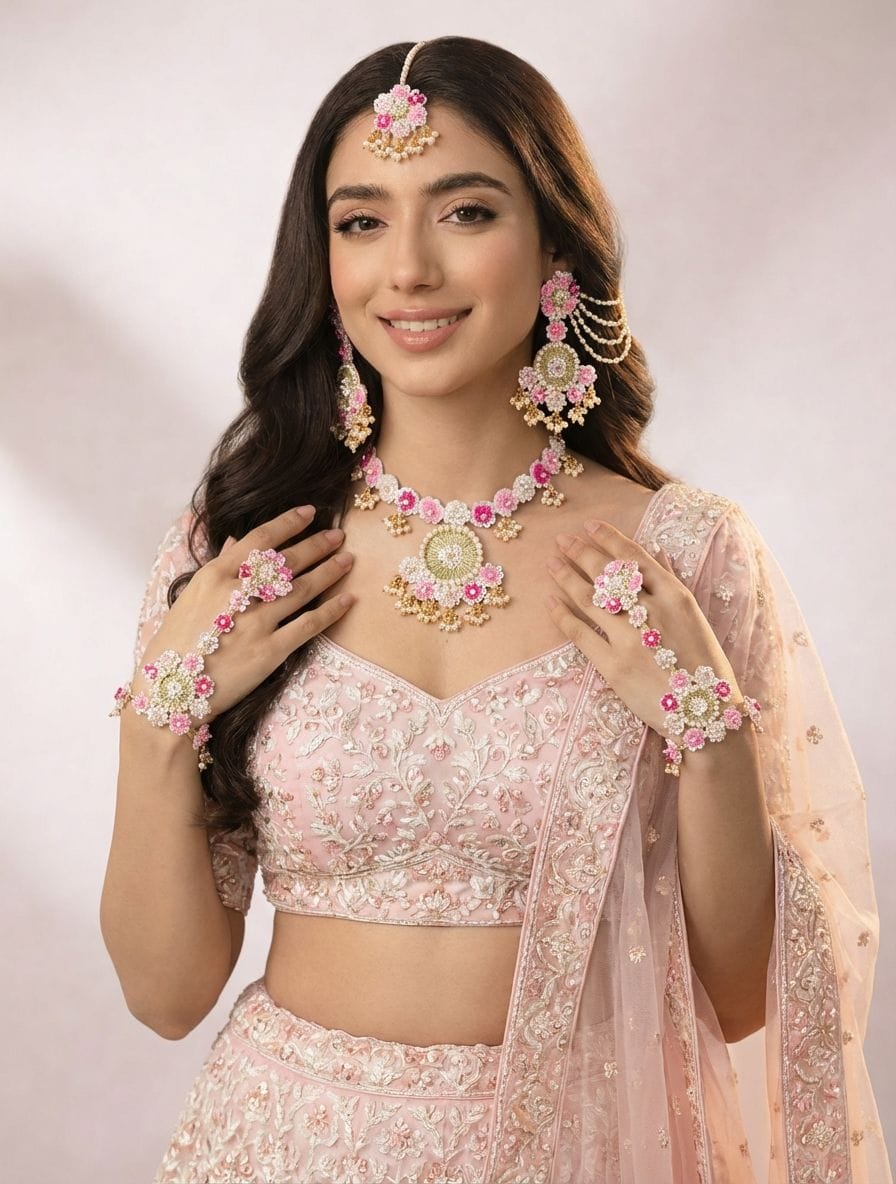 Bespoke Bloom: Hot & Baby Pink, Beaded Wedding & Carnival Jewelry Set