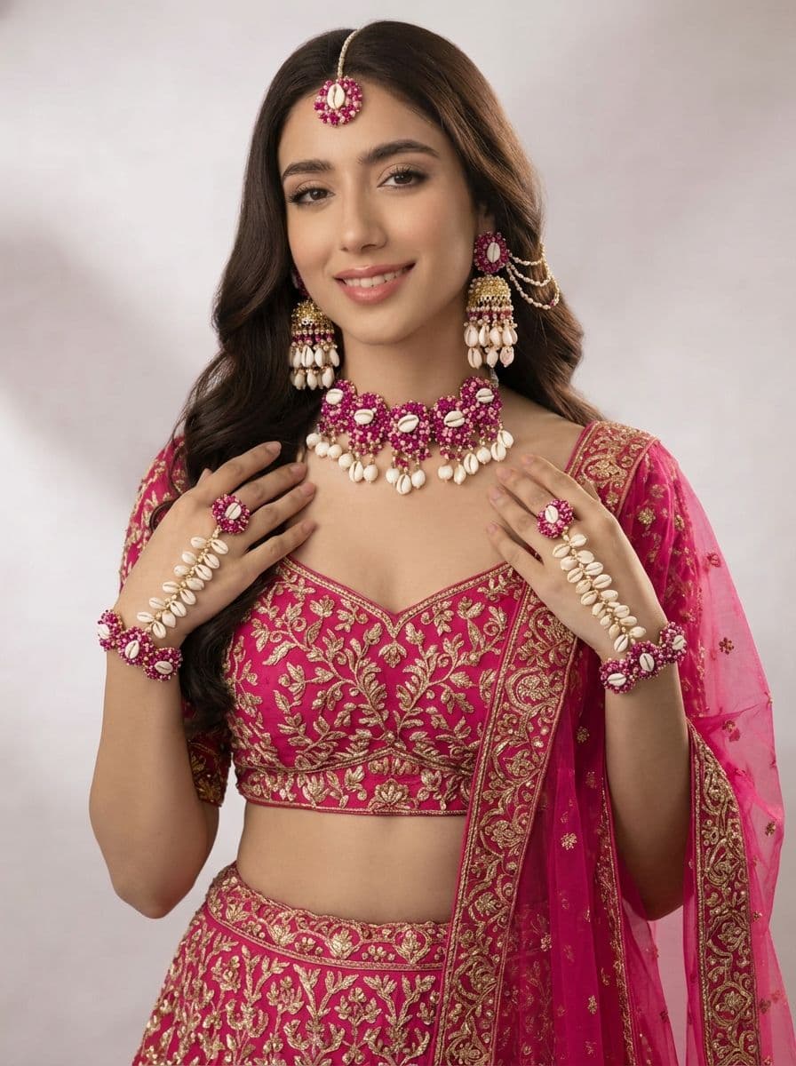 Pink Pearl Haldi Bridal Set: Gold-Plated Florals & Kaliras