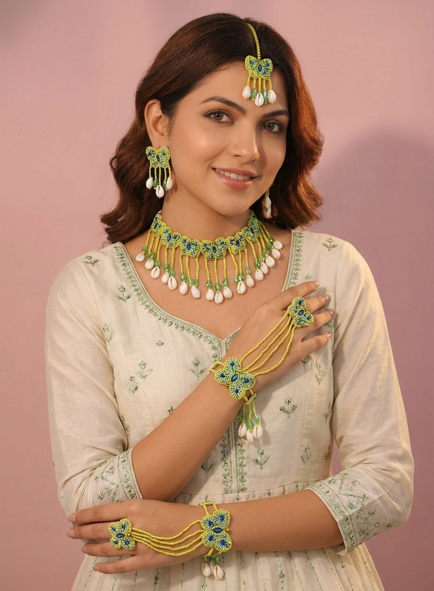 Handcrafted Beaded Bird Jewellery Set for Weddings and Haldi Functions