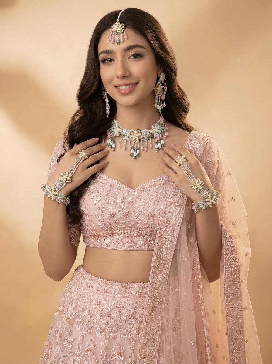 Pastel Hues Floral Bridal Haldi Mehndi Jewelry Set Handmade Accessory