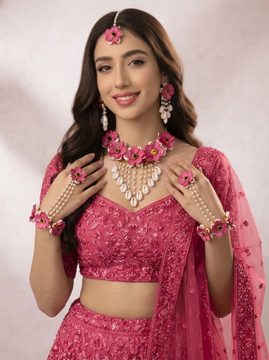 Pink Floral: Handcrafted Cowrie Shell Haldi Bridal Jewelry Set