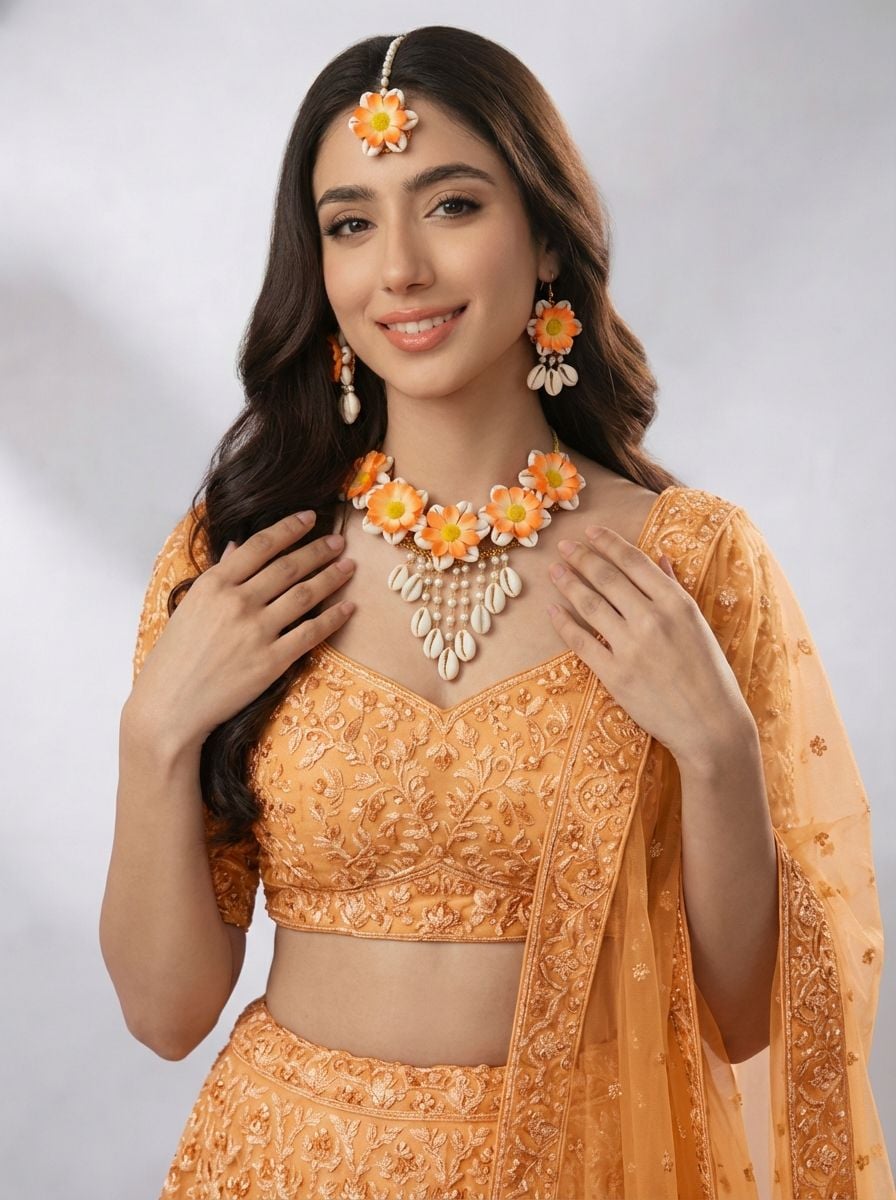 Bridal Orange Blossom Pearl-Decked Cowrie Shell Set for Haldi