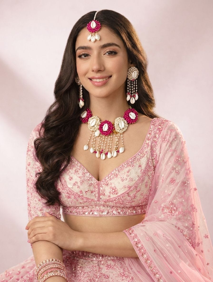 Haldi Mehndi Sea-Shell Gift Set with Pink-White Pearls