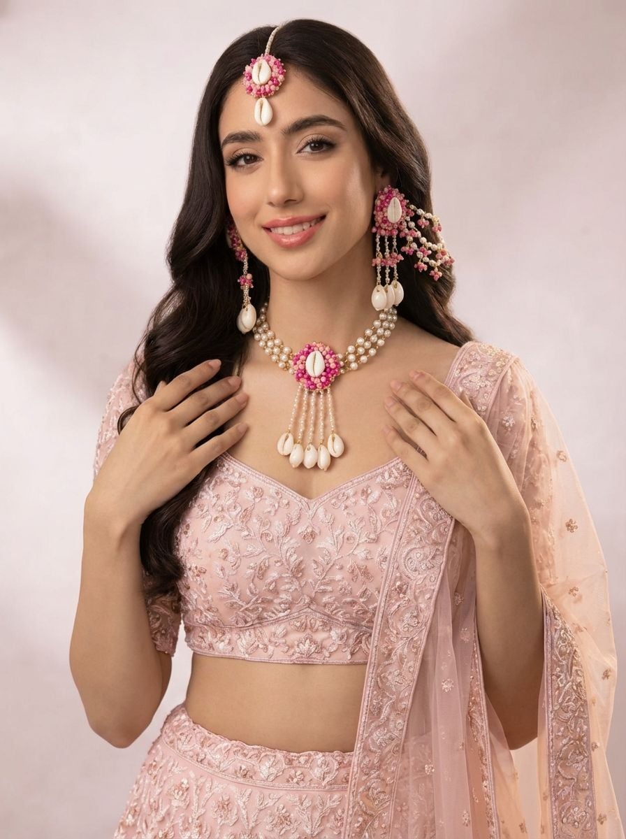 Nature White Cowrie Shell Jewelry Set for Haldi-Mehndi Festival