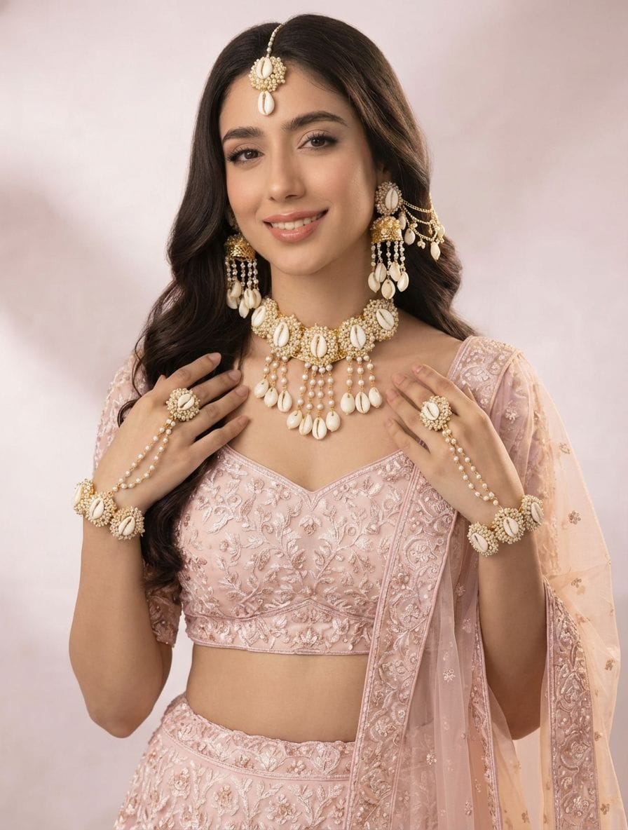 Elegant White Pearl & Shell Jewellery for Festive Haldi-Mehndi