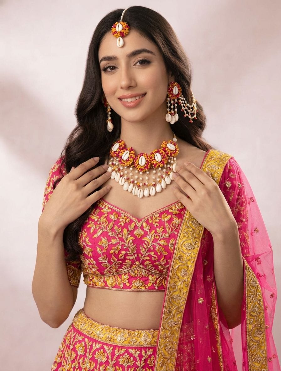 Pink-Orange Pearl Shell - Bridal Wedding Set - Haldi Mehndi Kalira