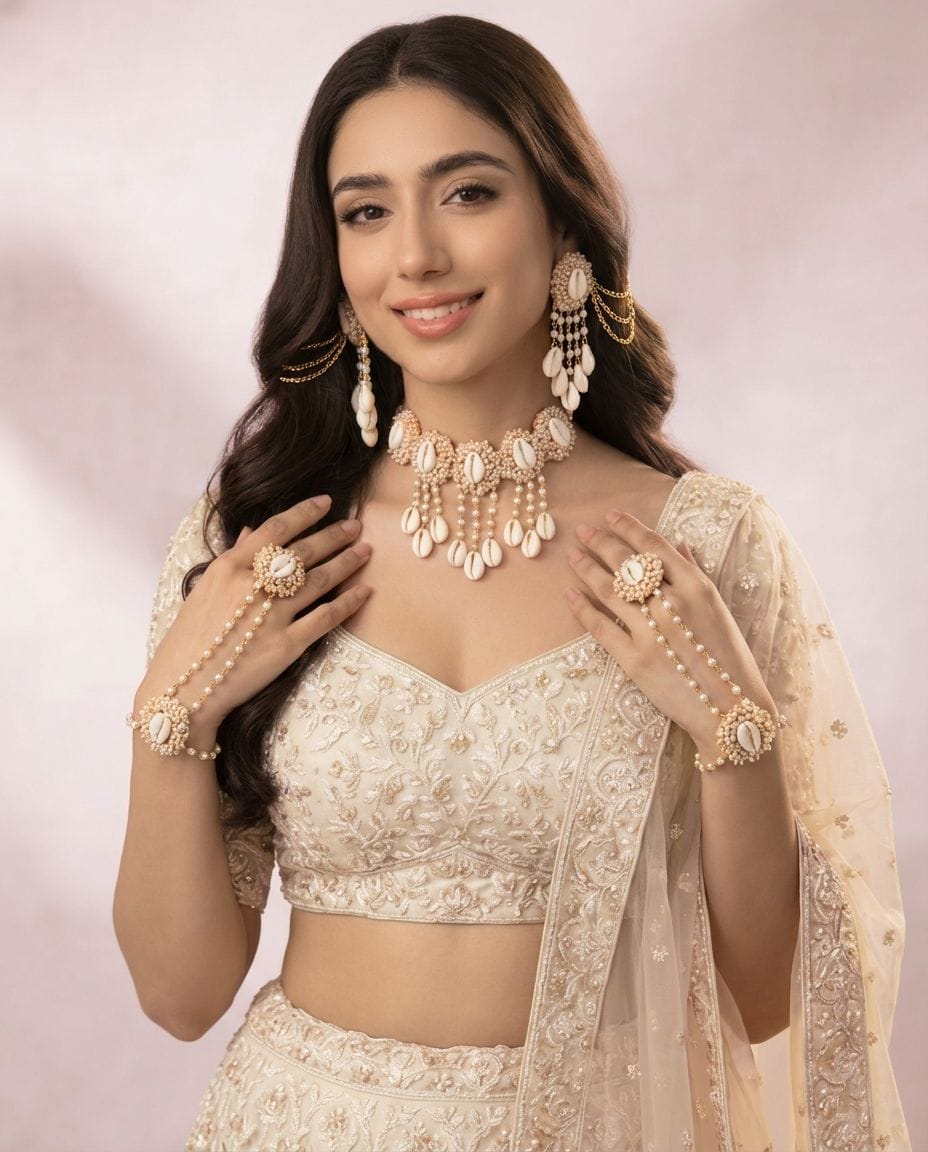 Pearl & Cowrie Shell Handmade Heer Haldi-Mehndi Set for Seniors & Girls