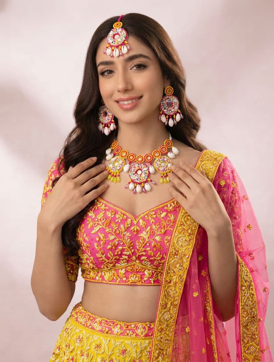 Handcrafted Pink-Yellow Pearl Jewellery Set for Haldi Bridal