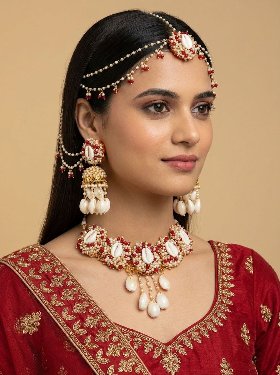 Sea Whispers: Red-White Pearl & Shell Jewellery Set for Haldi-Mehndi