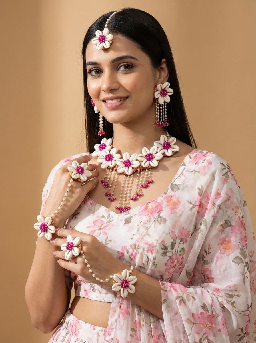 Golden Glitter: Pink Pearl & Cowrie Shell Floral Designer Jewelry Set for Brides