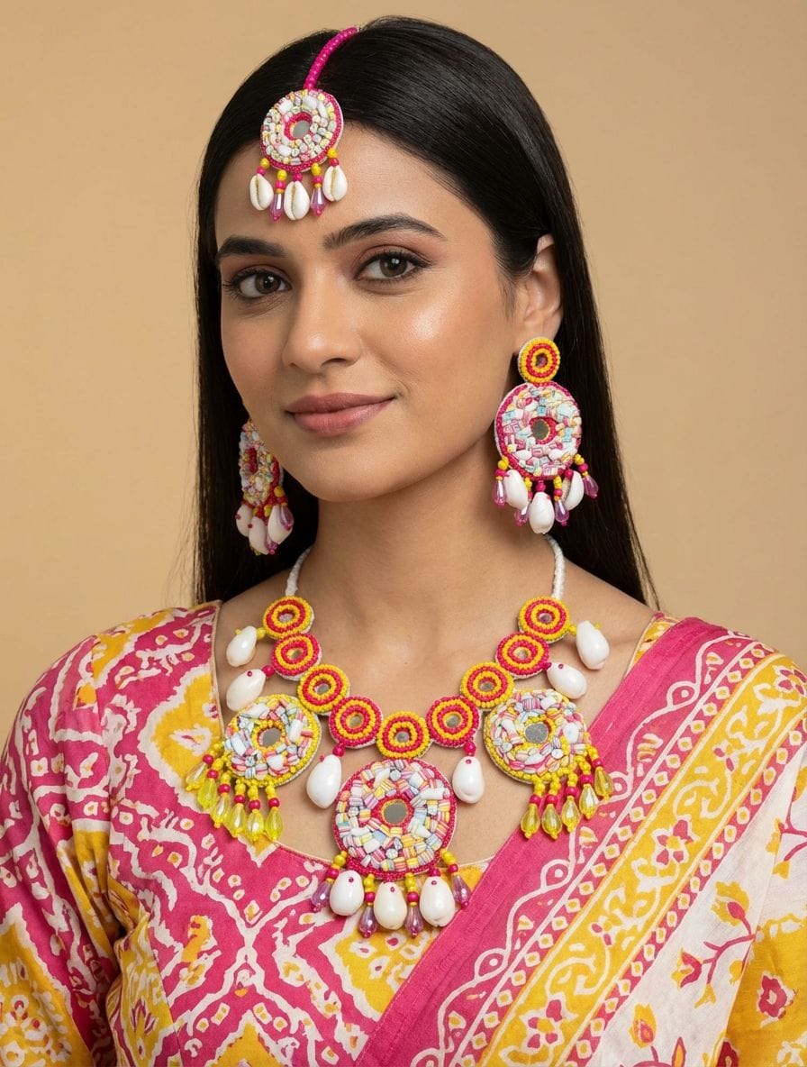 Handcrafted Pink-Yellow Pearl Jewellery Set for Haldi Bridal