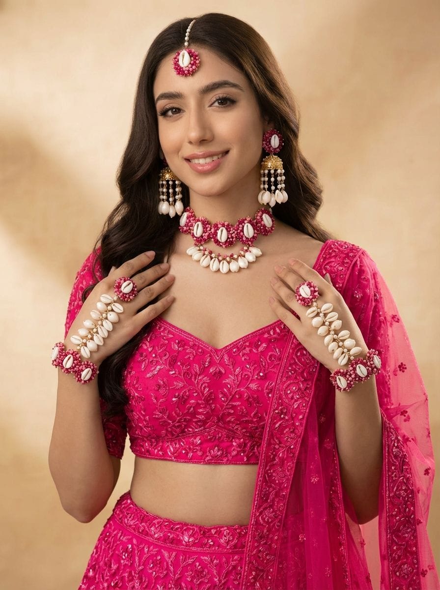 Handmade Hot Pink Pearl & Cowrie Shell Bridal Set, Haldi Mehndi Design