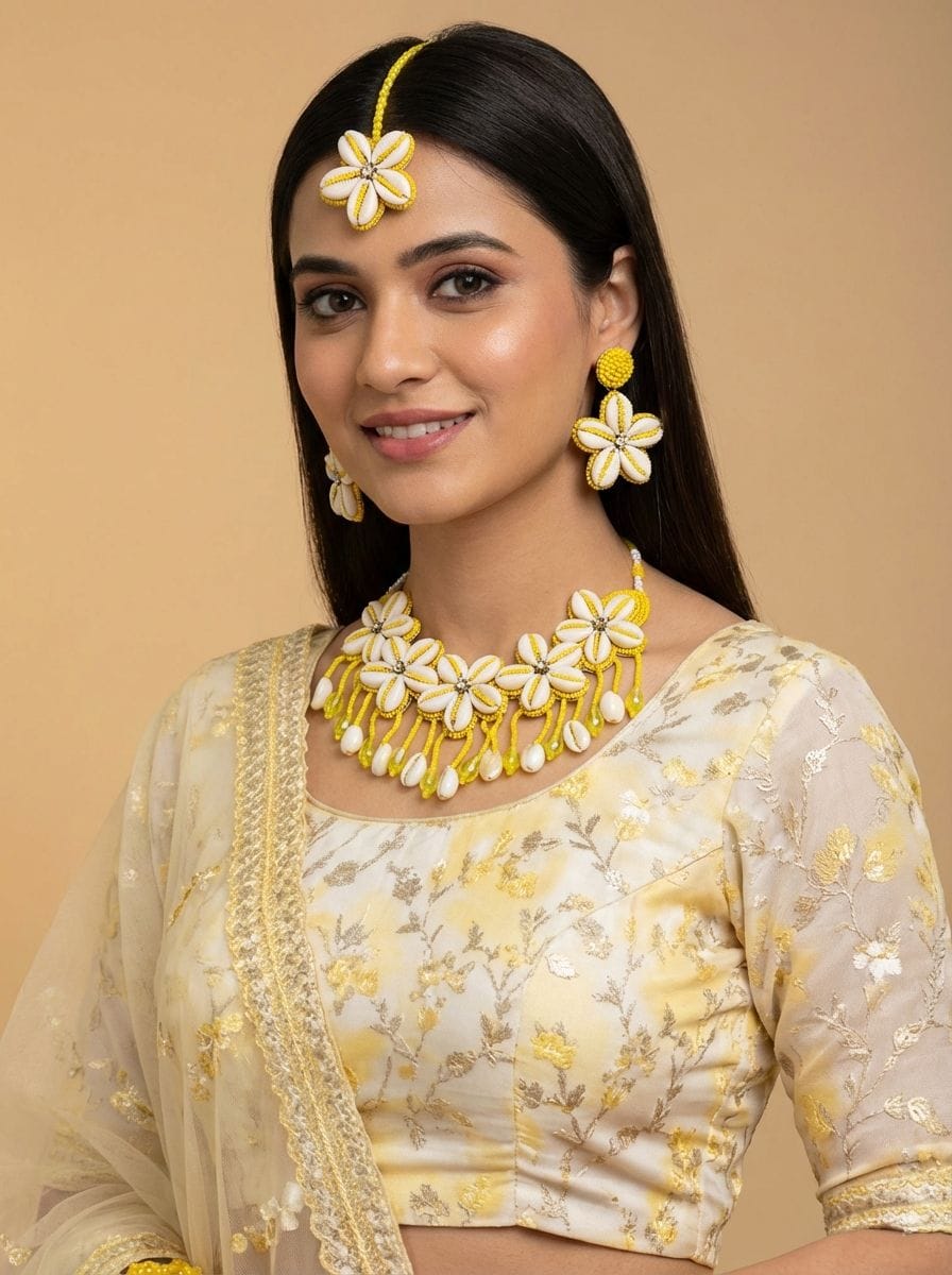 Yellow Beaded Cowrie Haldi Mehndi Jewellery Set for Bride