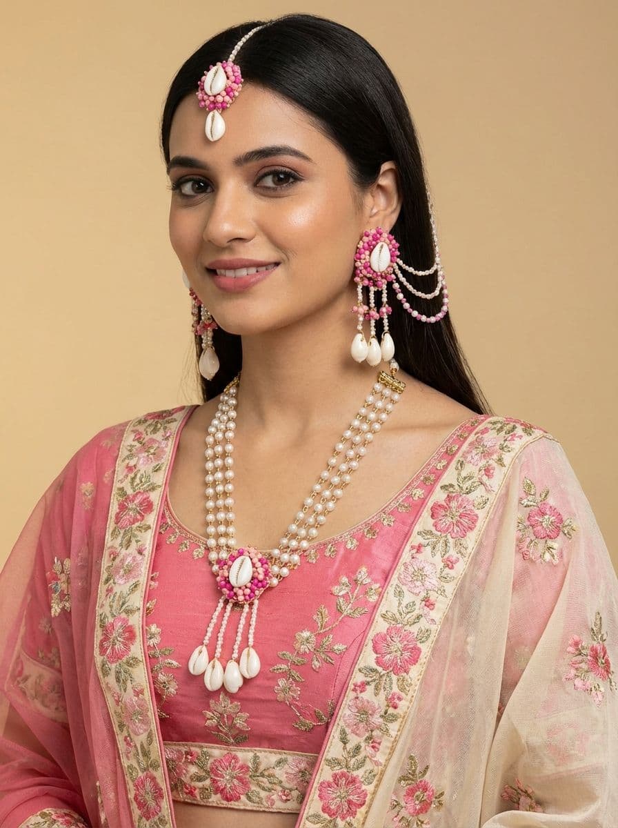 Nature White Cowrie Shell Jewelry Set for Haldi-Mehndi Festival