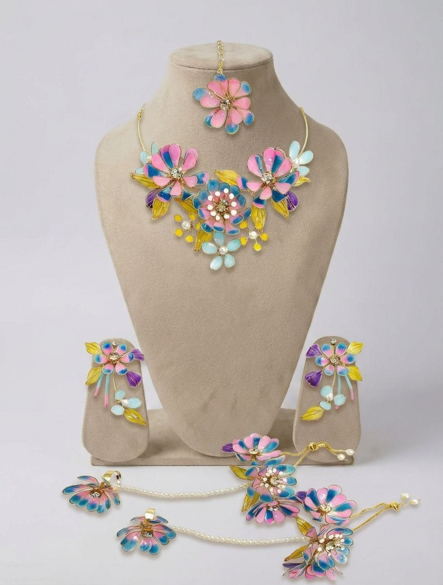 Handmade Pink-Teal Resin Floral Bridal Jewellery for Haldi-Mehndi