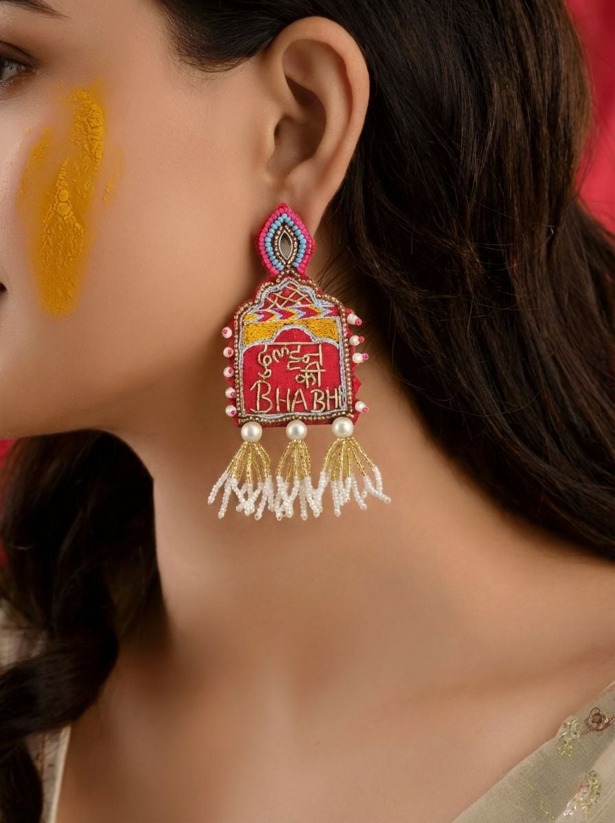 Pink Beaded Handicraft Wedding Earrings for Summer Brides