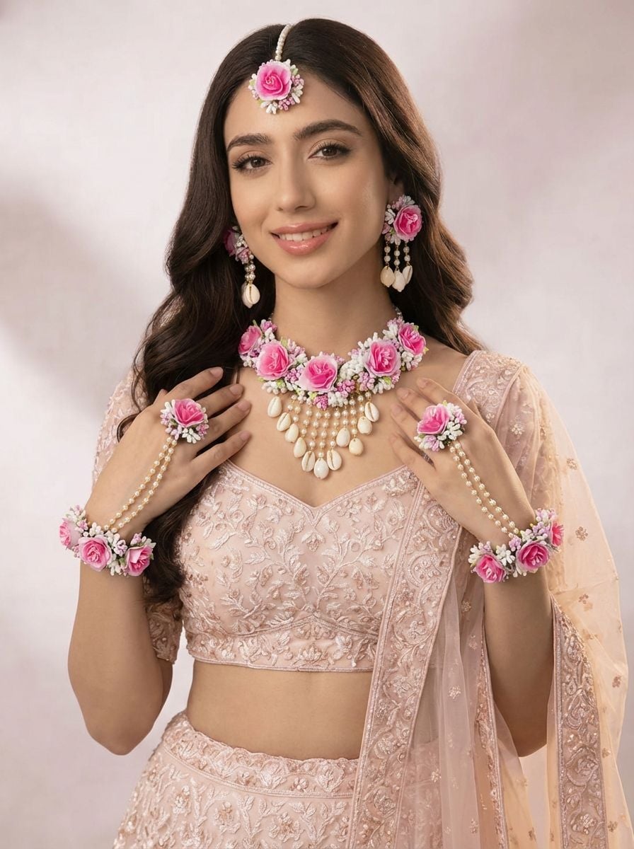 Designer Pink Rose Haldi Jewellery Set with Cowrie Shells