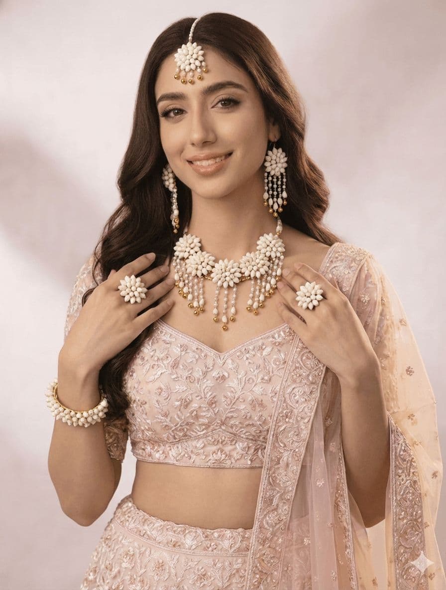 White Floral Pearl Bridal Haldi Jewellery Set