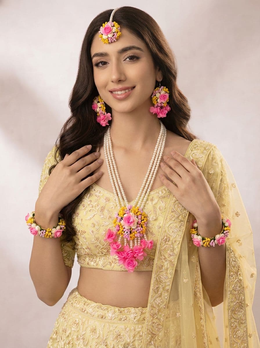 Pink Floral Pearl Haldi Jewellery Set with Necklace, Earrings and Tikka