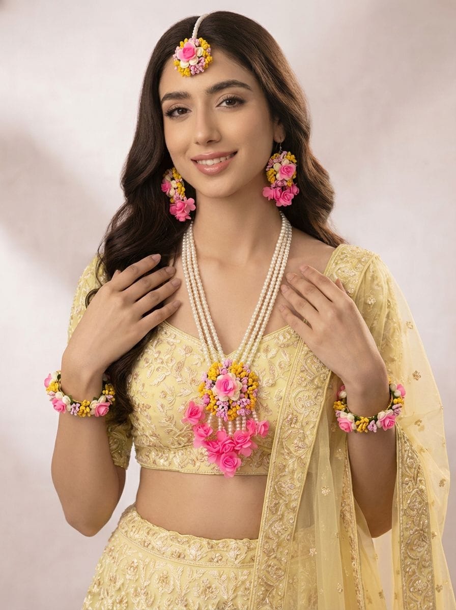 Pink Floral Pearl Haldi Jewellery Set with Necklace, Earrings and Tikka