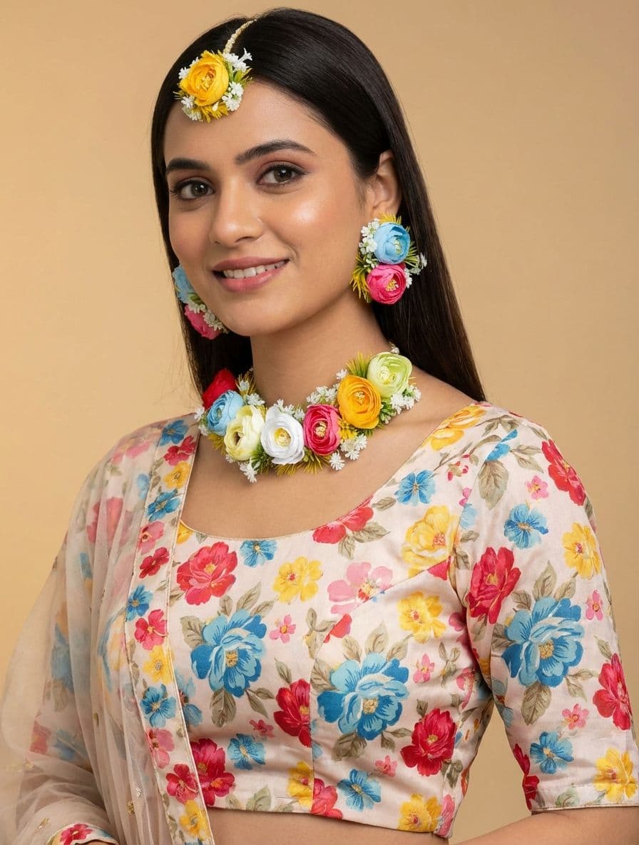 Vibrant Handmade Multicolored Haldi Flower Jewellery Set for Weddings