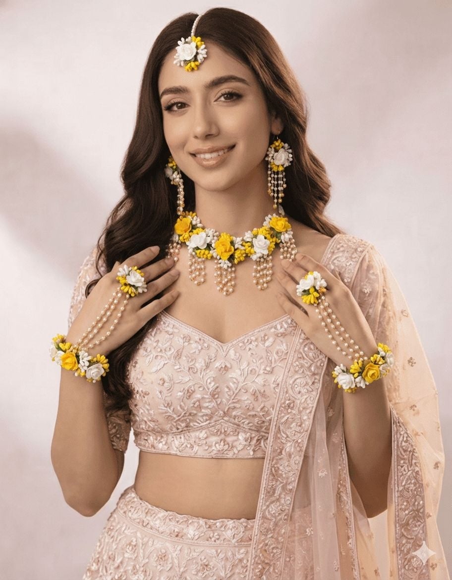 Handmade Yellow & White Floral Haldi Jewellery Set for Brides
