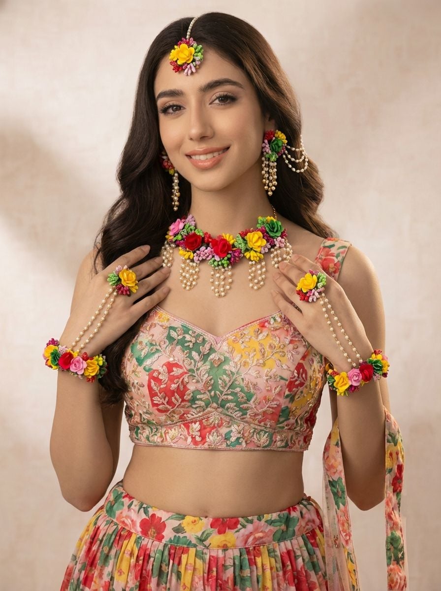 Elegant Multicolored Bridal Floral Haldi-Mehndi Jewellery Set