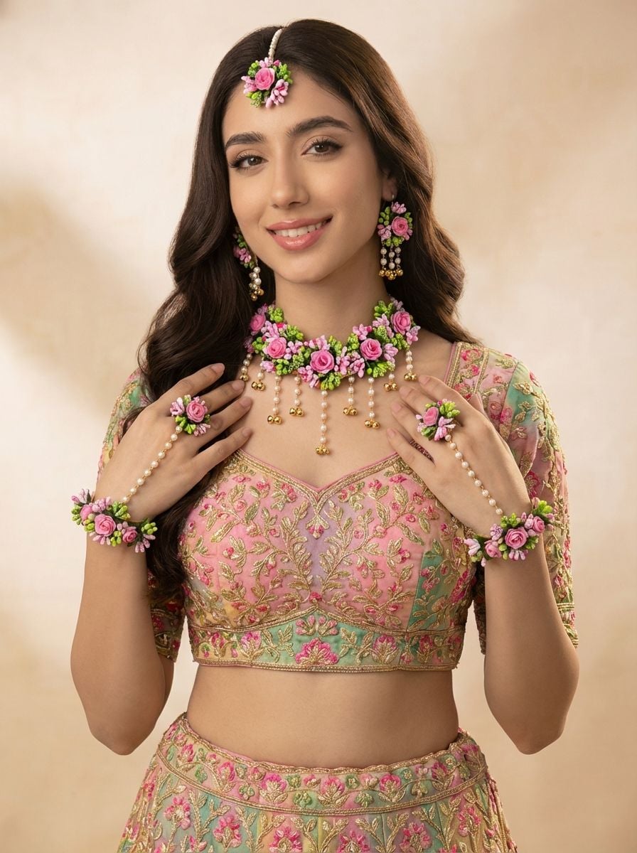 Handcrafted Pink Floral Jewellery Set for Haldi, Mehendi and Bridal Wear