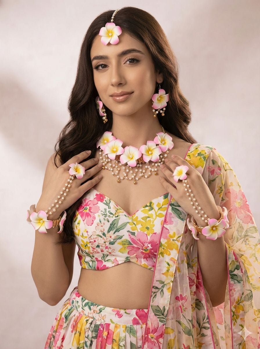 Handmade Pink Plumeria Floral Haldi Jewellery Set for Brides