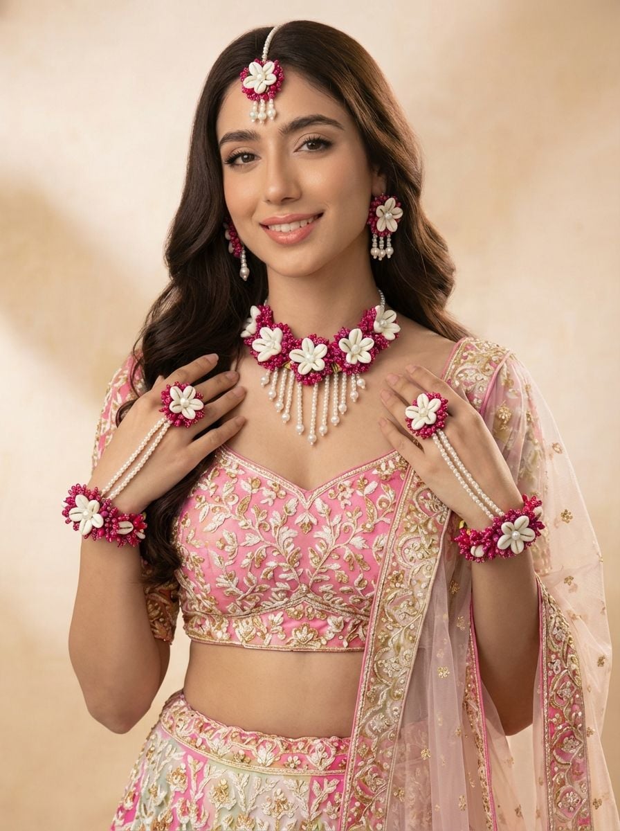 Handmade Magenta Floral Cowrie Shell Haldi Jewellery Set for Brides